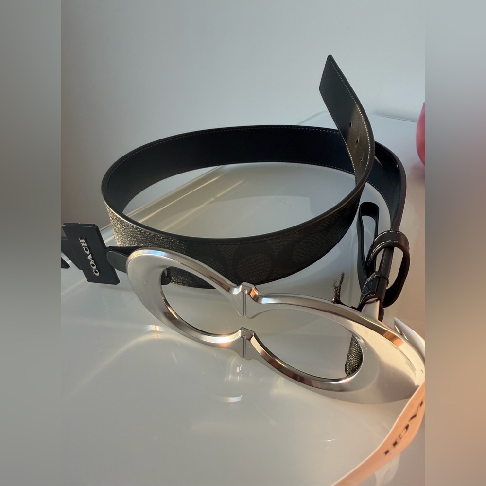 Coach Black leather monogram belt with Silver Kisslock Buckle